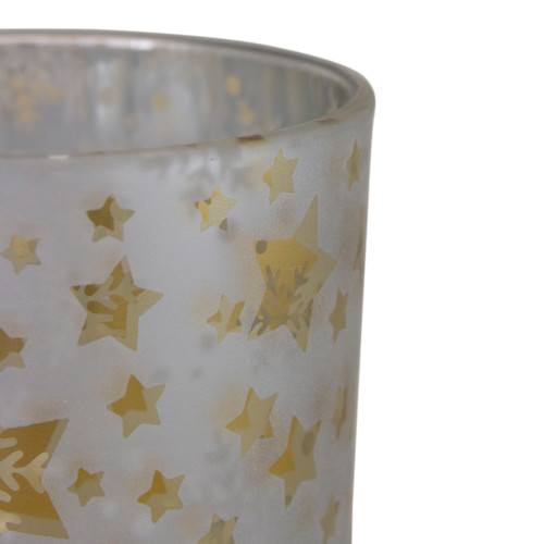 5" Matte Silver and Gold Stars and Snowflakes Flameless Glass Candle Holder