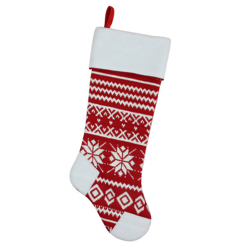 21.5" Red and White Knitted Snowflake Christmas Stocking with Fleece Cuff