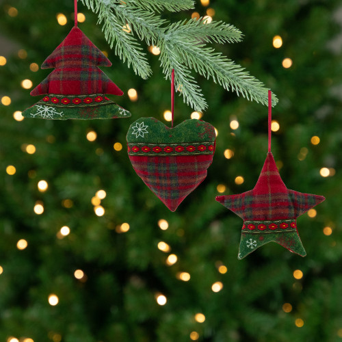 Plaid Heart, Tree and Star Christmas Ornaments - 5" - Red and Green - Set of 3