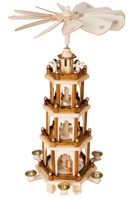BRUBAKER Christmas Pyramid - 24 Inches - 4 Tier Carousel with 6 Candle Holders and Hand Painted Figurines - Designed in Germany