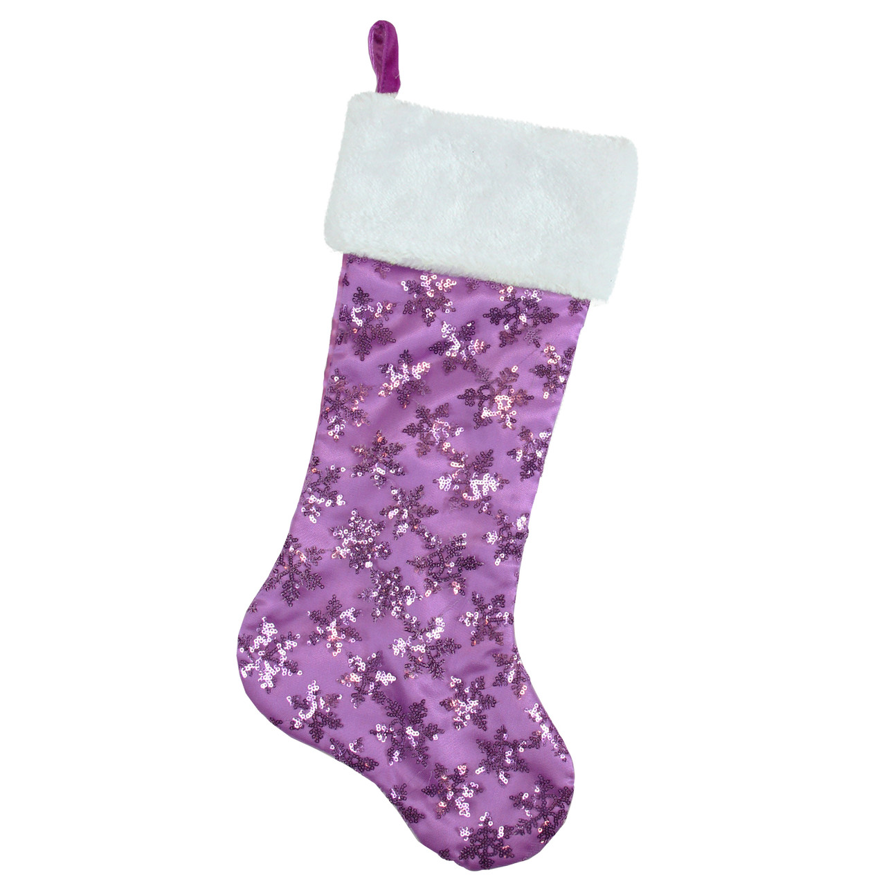 19" Purple Sequin Snowflake Christmas Stocking with White Faux Fur Cuff