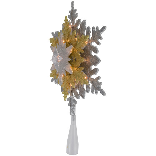 13.75" Lighted Gold and Silver Snowflake Christmas Tree Topper, Clear Lights