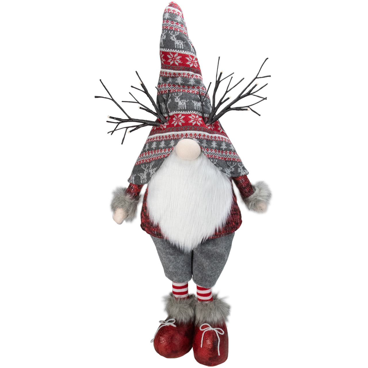 LED Lighted Nordic Hat Standing Santa Christmas Gnome with Antlers - 30" - Gray