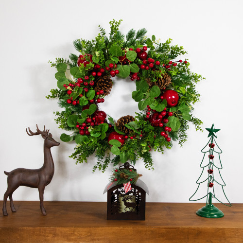 Crabapple and Berries Boxwood and Pine Artificial Christmas Wreath - 26" - Unlit