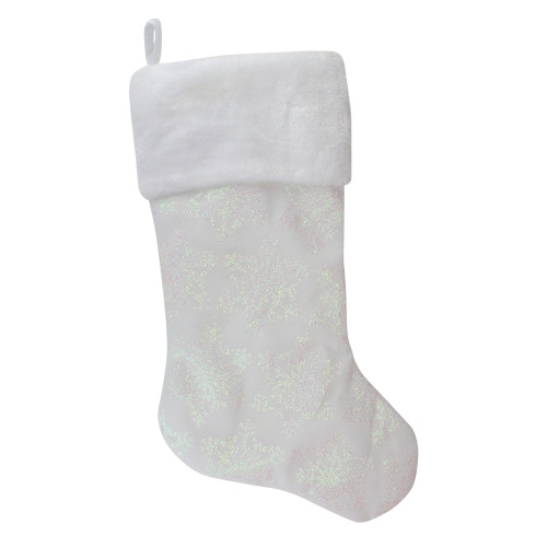 22" LED Lighted White Iridescent Glittered Snowflake Christmas Stocking