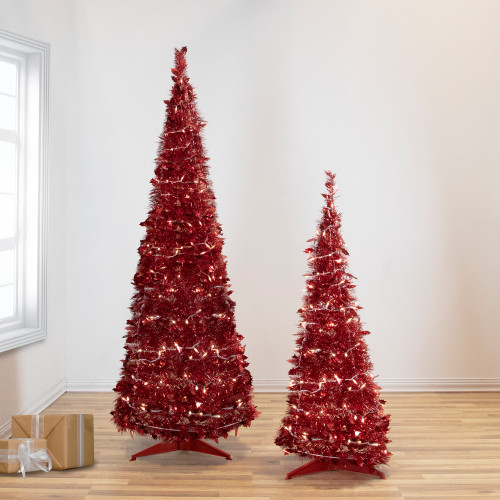 4' Pre-Lit Red Pop-Up Tinsel Christmas Tree, Clear Lights