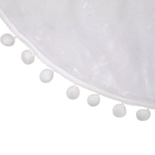 36" White Christmas Tree Skirt With a Pom Pom Border and Tie Backs