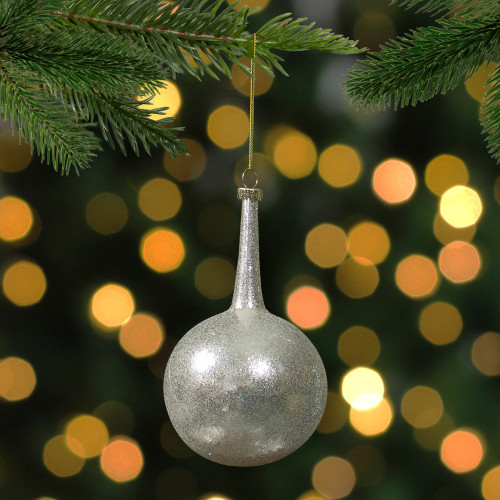 5.5" Silver Glitter Teardrop Ball Glass Christmas Ornament