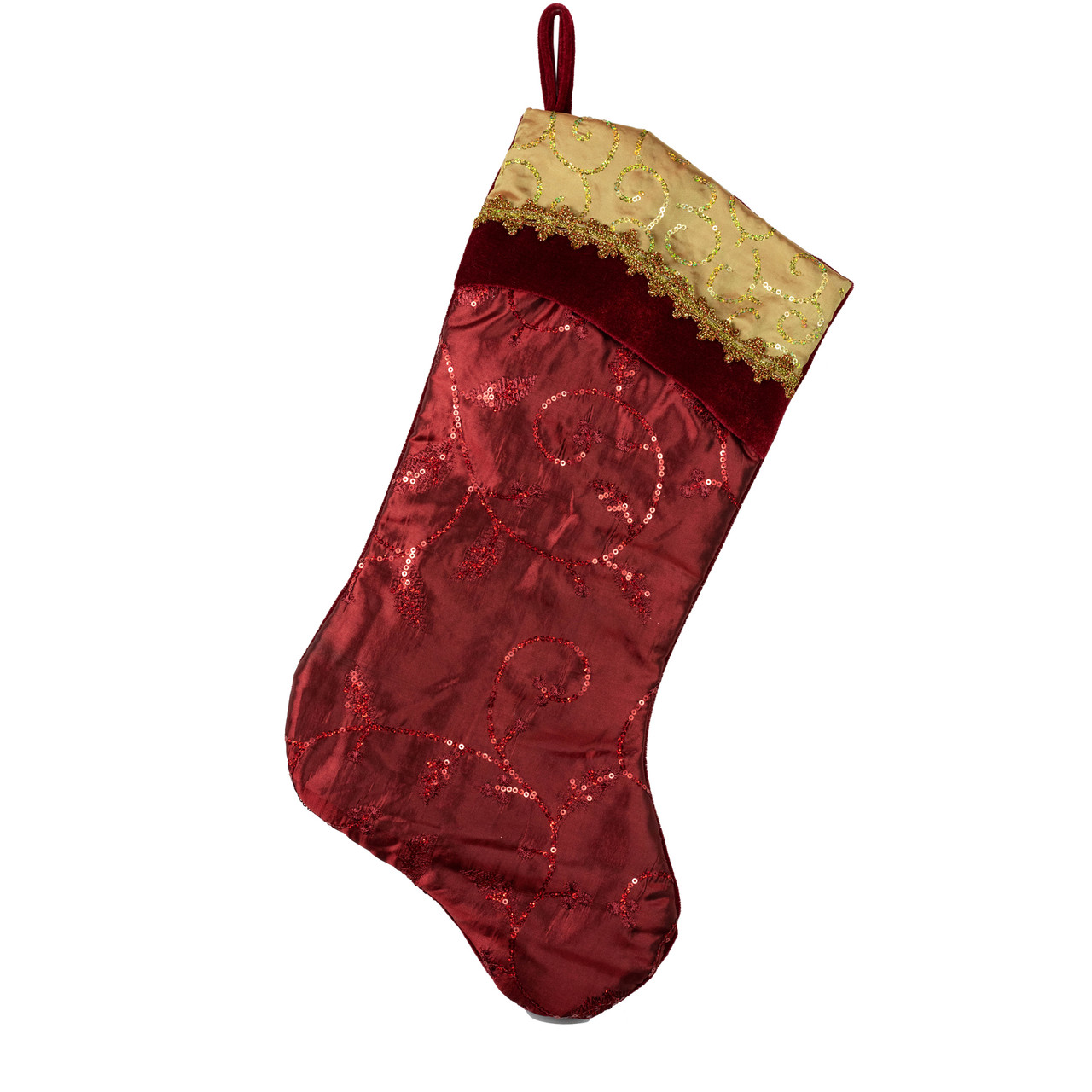 20" Red and Gold Leaf Christmas Stocking with Wavy Sequined Cuff