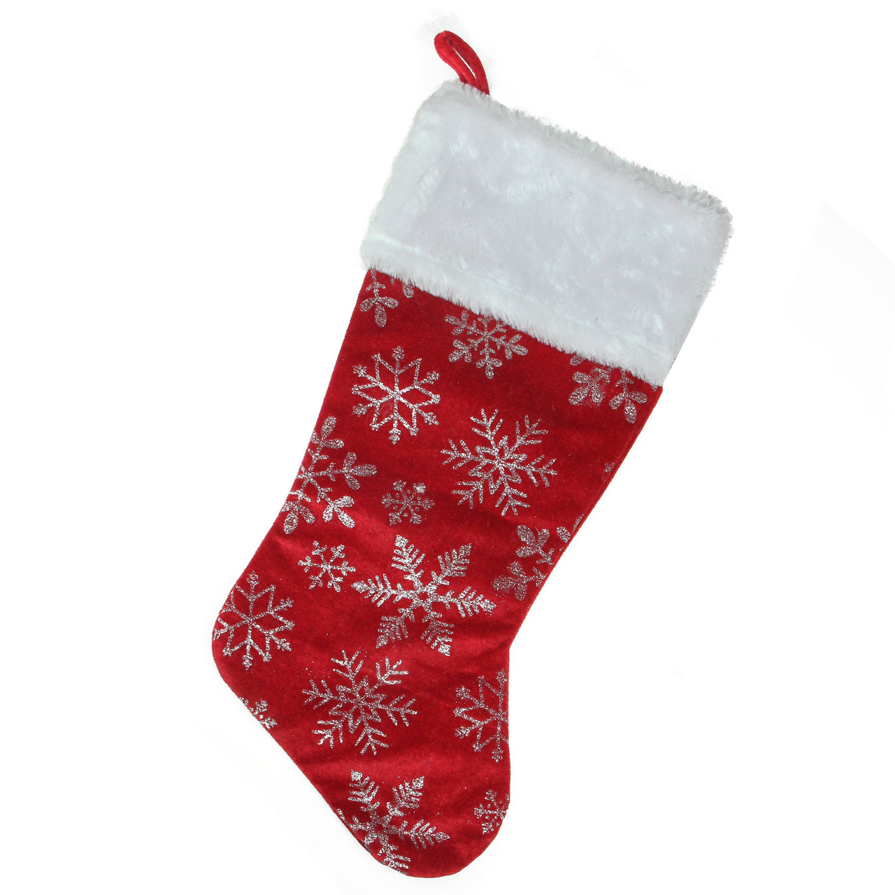 20-Inch Red and Silver Glitter Snowflakes Christmas Stocking With a Faux Fur Accent