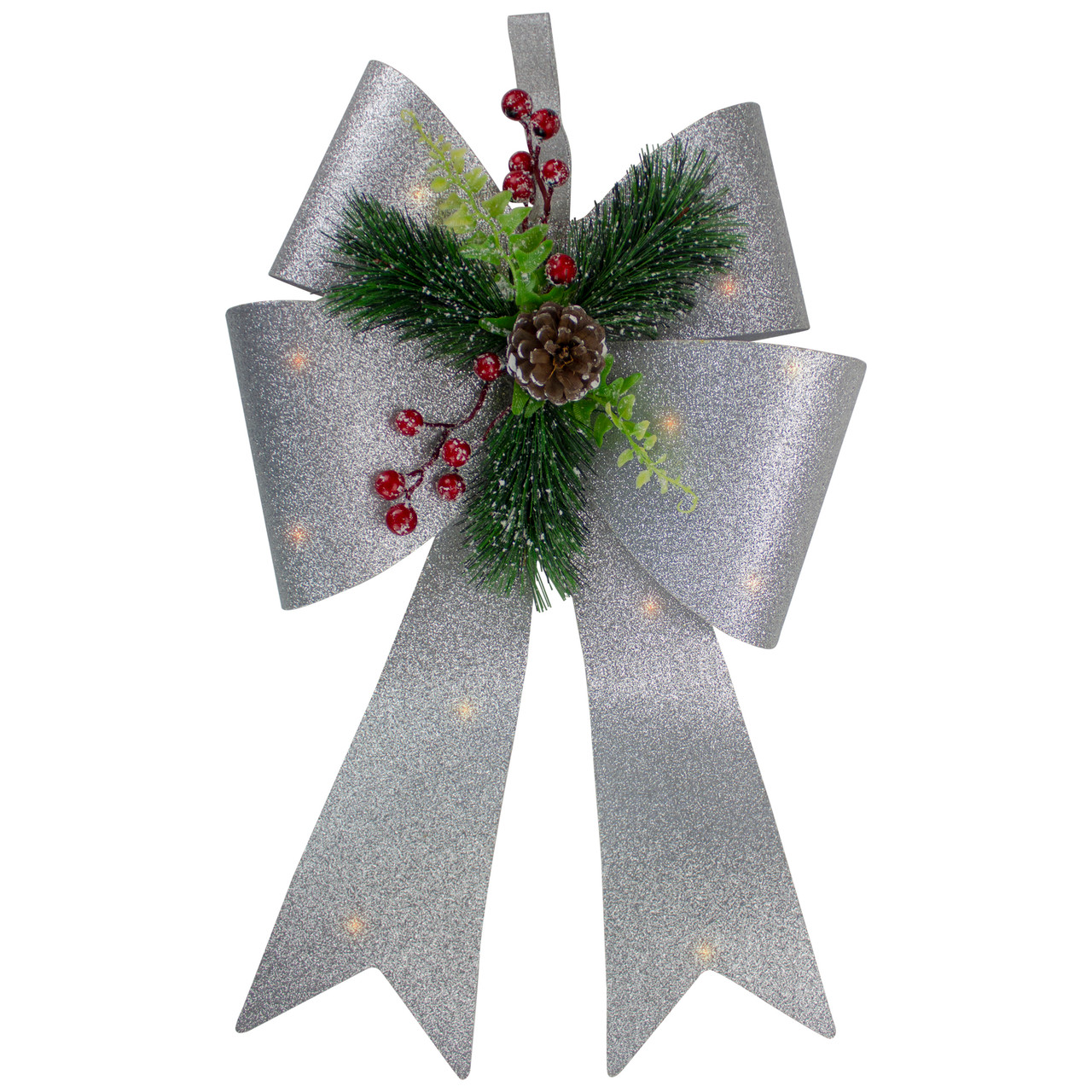 19" LED Lighted Sliver Tinsel Bow Christmas Decoration