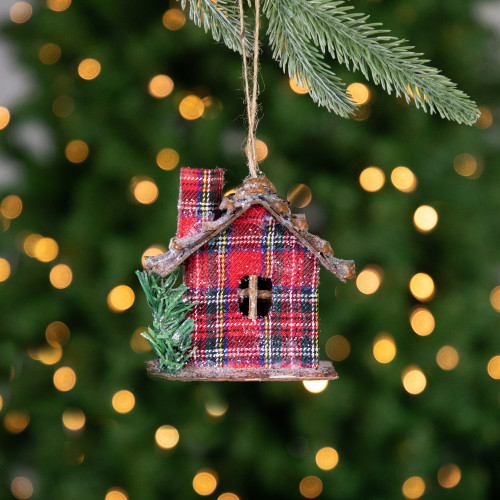 4.25" Red Plaid and Pine Needle Rustic Birdhouse Christmas Ornament