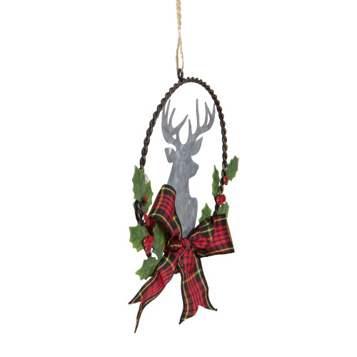 5.5" Wreath and Galvanized Moose Christmas Ornament with Plaid Bow