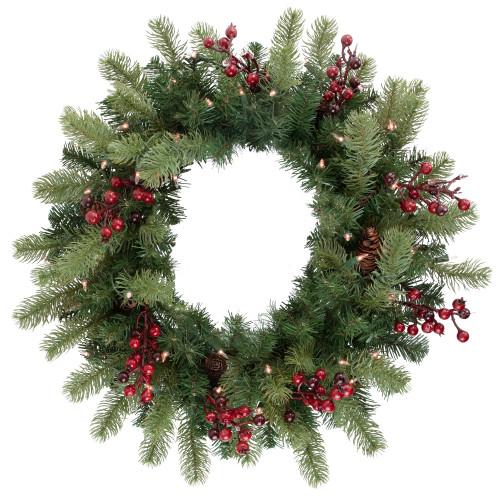 Real Touch?? Pre-lit Noble Fir with Berries Artificial Christmas Wreath - 24" - Clear Lights