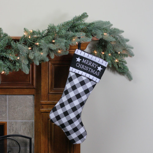 20.5" Black and White "Merry Christmas" Christmas Stocking with Blanket Stitch Cuff