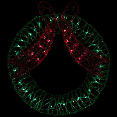 20" Green and Red Lighted Wreath and Bow Christmas Window Silhouette Decoration