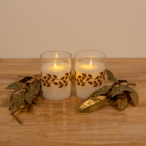 Battery Operated LED Glass Candles with Moving Flame, Gold Garland - Set of 2