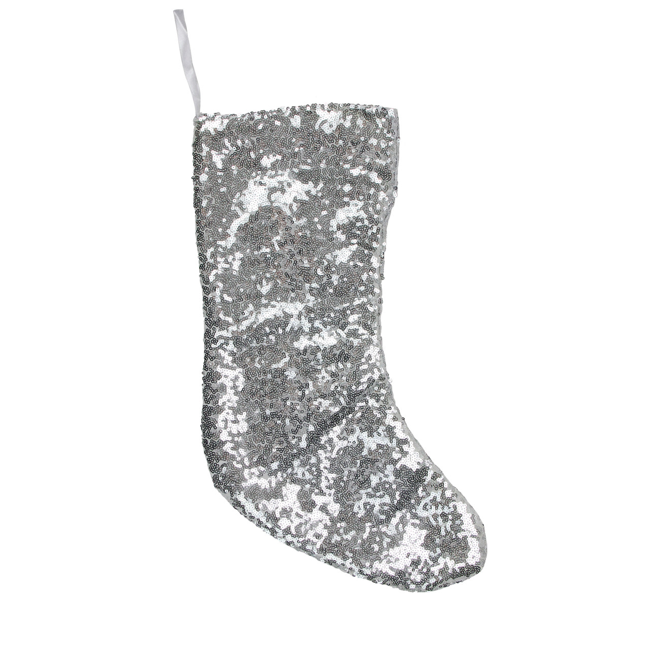 17.5" White and Silver Sequins Hanging Christmas Stocking