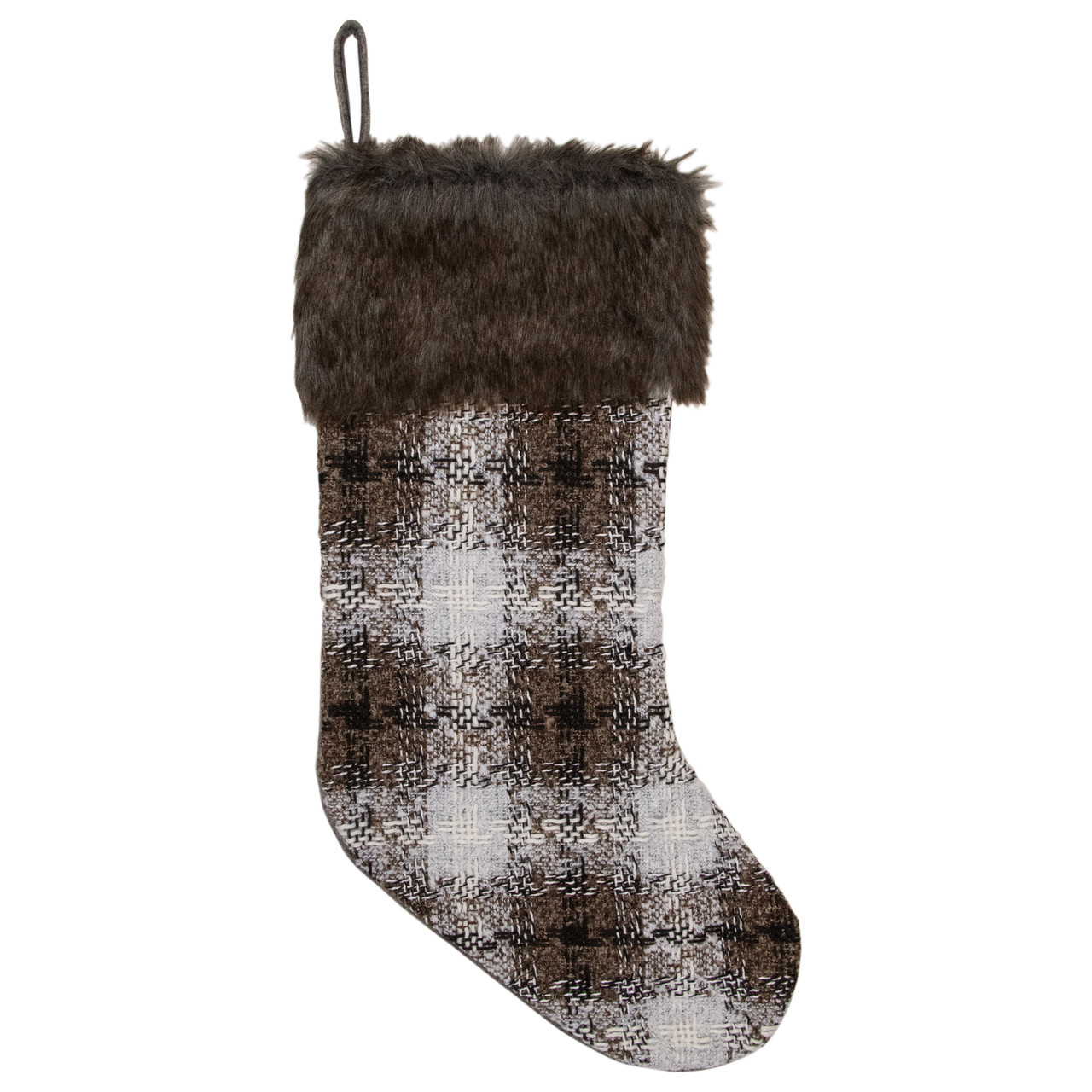 18" Brown and White Buffalo Plaid Christmas Stocking