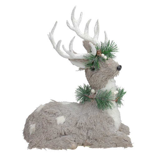 Sitting Sisal Reindeer with Wreath Christmas Figure - 12.75" - Gray