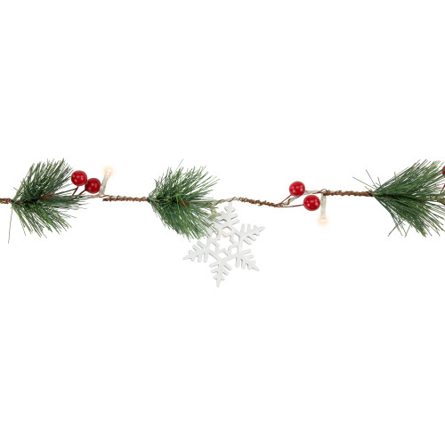 Pre-Lit B/O Pine, Berry and Snowflake Christmas Garland - 6' - Warm White LED Lights