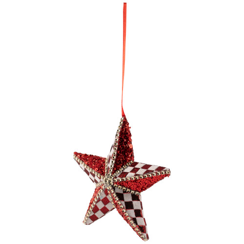 Sequined and Checkered Star Christmas Ornament -  6" - Red