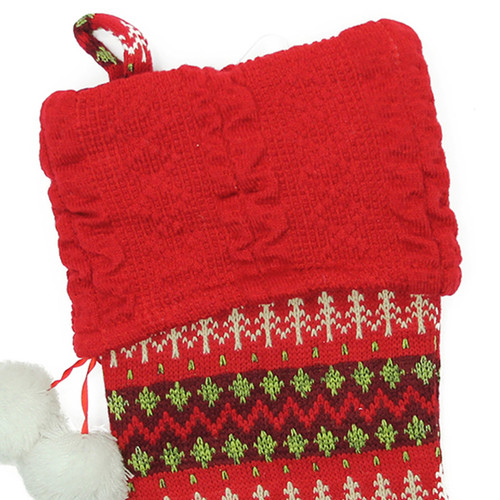 19" Red and Green Sweater Knit Christmas Stocking with Pom Poms