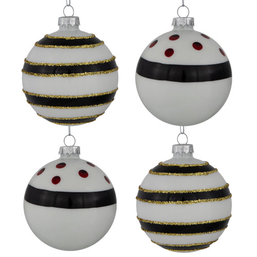 Shiny Finish Striped Christmas Glass Ball Ornaments - 3" (80mm) - White and Black  - Set of 4