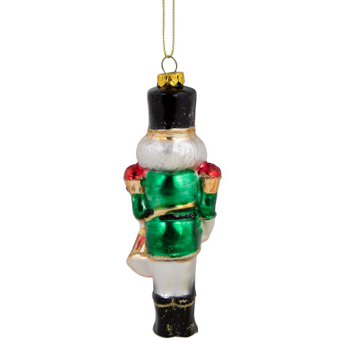 5.25" Green, Red and Gold Nutcracker With Drum Glass Christmas Ornament