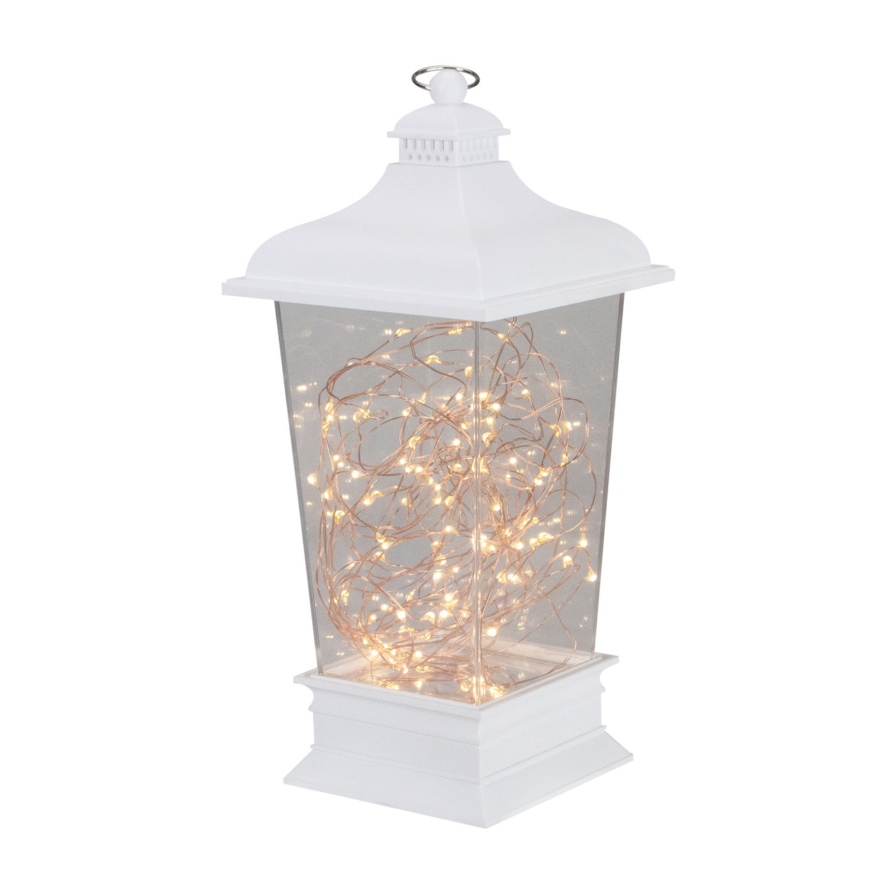 Tapered Lantern with Rice Lights Decoration - 12" - White - Clear Lights