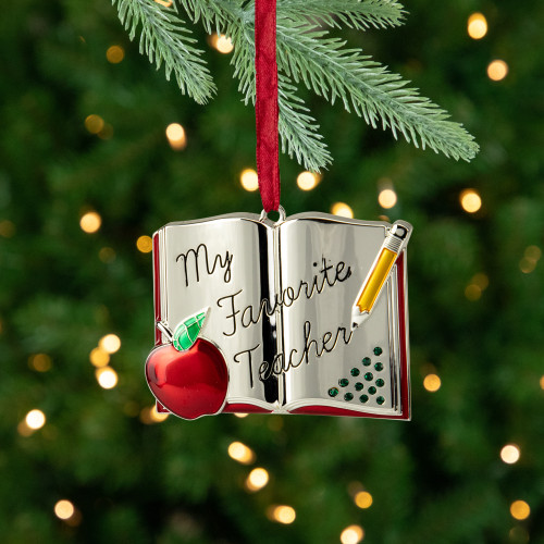 3.25" Red Silver-Plated Favorite Teacher Christmas Ornament with European Crystals