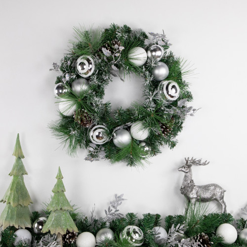 Green Pine Needle Wreath with Pinecones and Christmas Ornaments, 24-Inch, Unlit