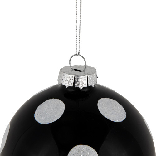 Set of 2 Black and White Glittered Polka Dot Glass Christmas Ball Ornaments 4"