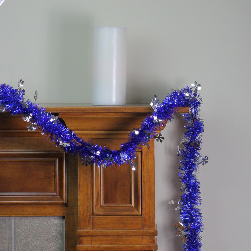 50' Lavish Blue and Silver Snowflakes Christmas Tinsel Garland - Unlit
