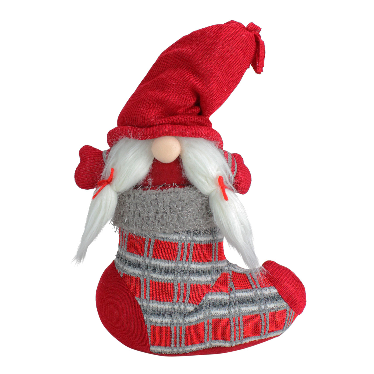 Isolde Gnome with Pigtails in Christmas Stocking Decoration - 14.5" - Red and Gray