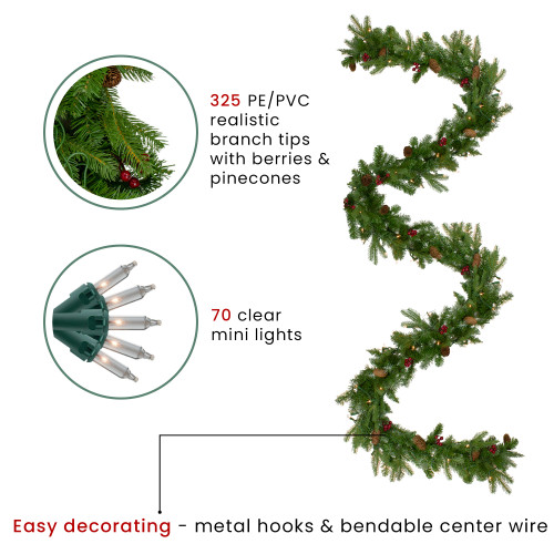 Real Touch?? Pre-Lit Mixed Winter Berry Pine Artificial Christmas Garland - 9' x 12" - Clear Lights