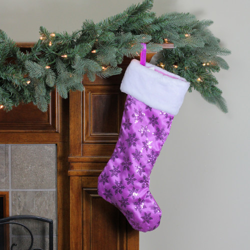 19" Purple Sequin Snowflake Christmas Stocking with White Faux Fur Cuff
