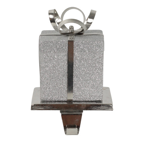 5.5" Silver Glitter Gift Box with Bow Christmas Metal Stocking Holder