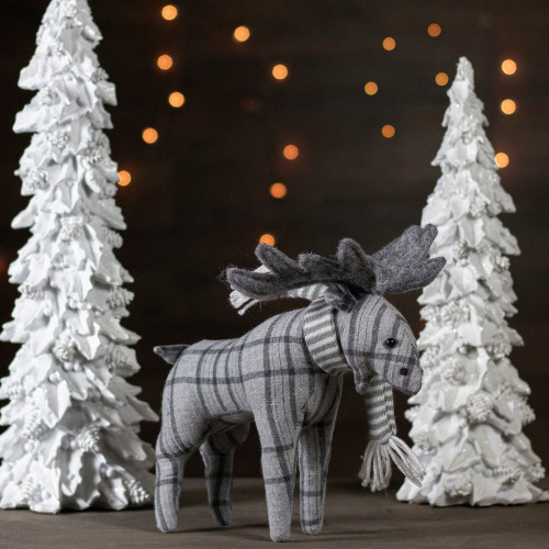 Checkered Moose with Striped Scarf Christmas Figure - 10" - Gray