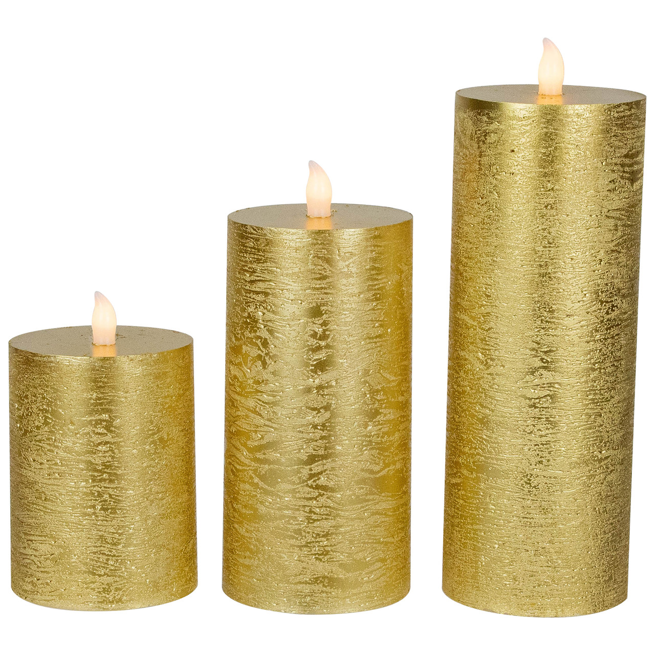 LED Flickering Flameless Pillar Christmas Candles - 8.75" - Gold - Set of 3