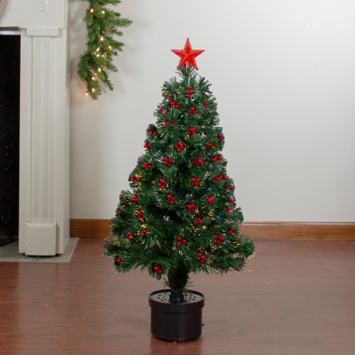 Pre-Lit Color Changing Fiber Optic Christmas Tree with Berries - 3'