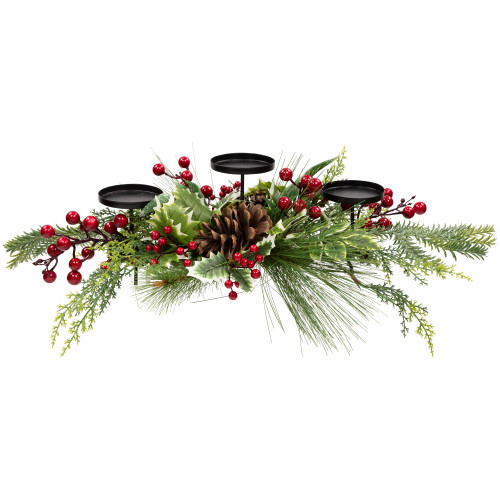 Holly and Berries Christmas Pillar Candle Holder with Pine Cones - 28"