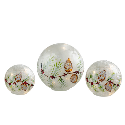 LED Lighted Snowball Glass Christmas Globes with Timer - 8" - Set of 3