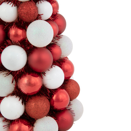 3-Finish Shatterproof Ball Christmas Tree with Tinsel - 15.75" - Red and White