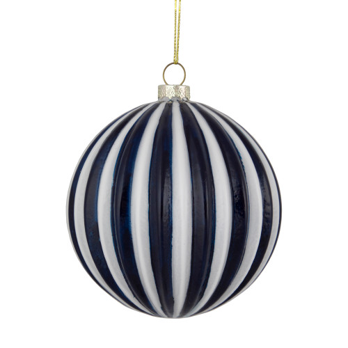 4" Blue and White Striped Glass Christmas Ornament