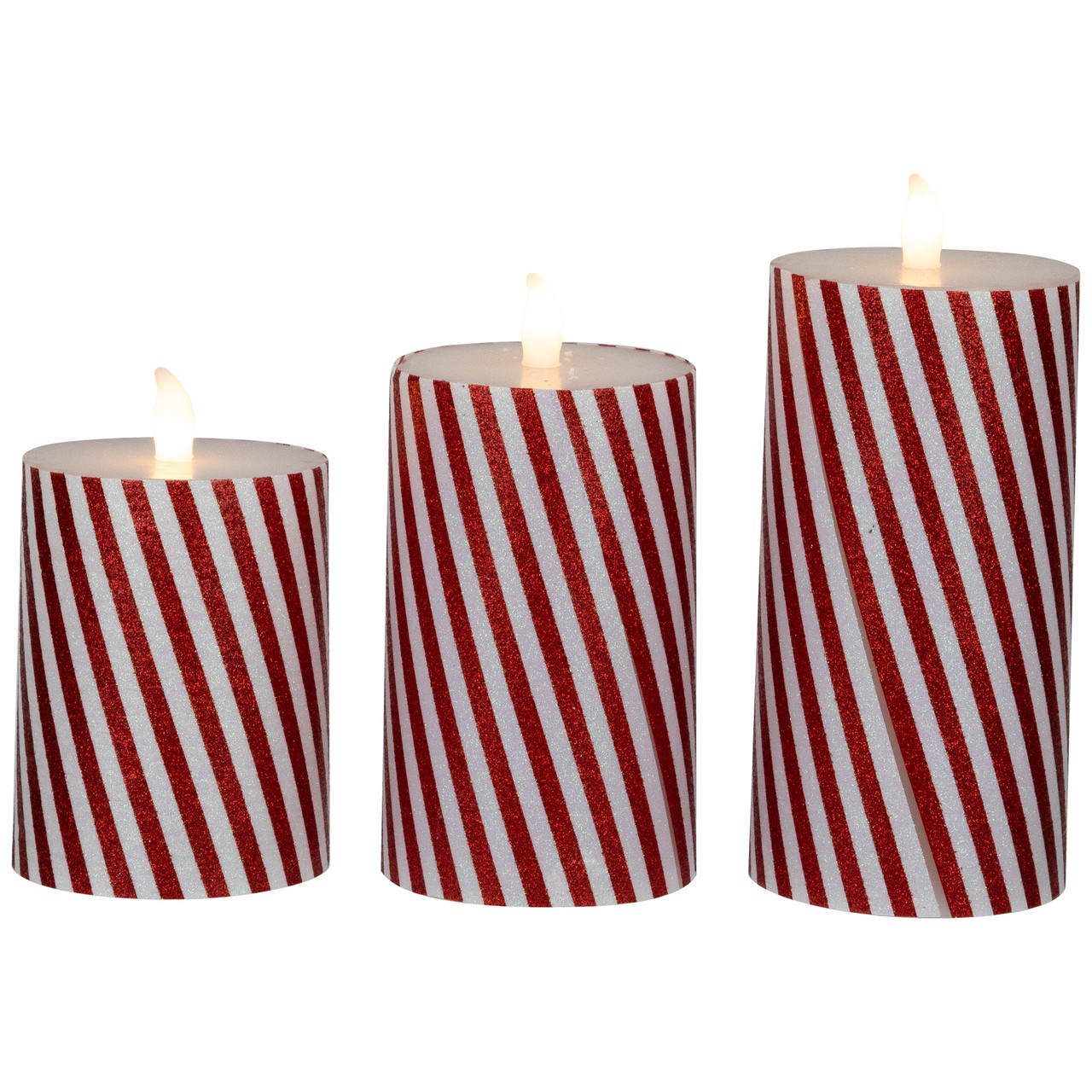 LED Flickering Flameless Candy Cane Striped Christmas Wax Pillar Candles - 6" - Set of 3