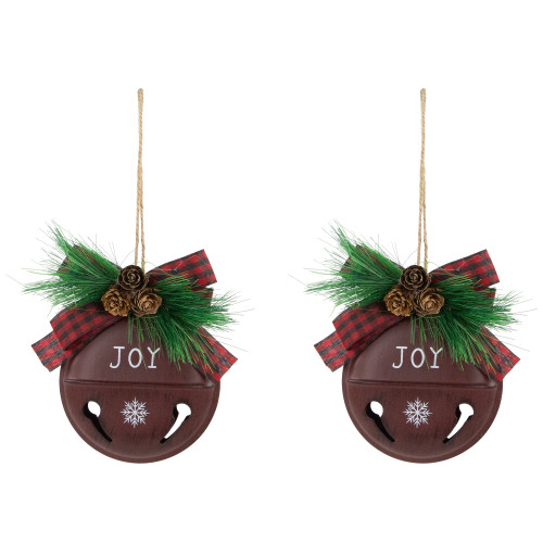 Snowflake "Joy" Jingle Bell Disc Ornaments - 5" - Set of 2