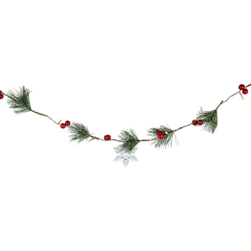 Pre-Lit B/O Pine, Berry and Snowflake Christmas Garland - 6' - Warm White LED Lights