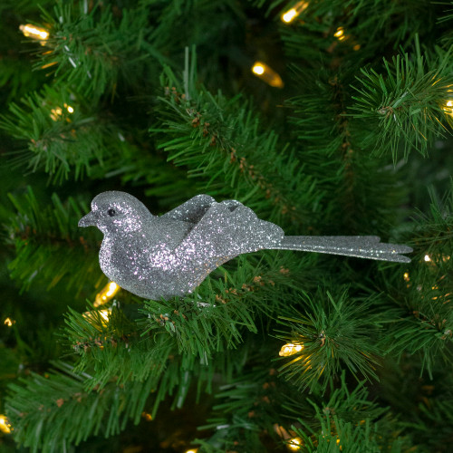 Glittered Bird Clip-On Christmas Ornament - 6" - Silver-tone