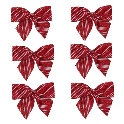 Glitter Striped 2-Loop Christmas Bow Decorations - 5.5" - Red - Pack of 6
